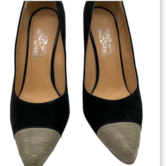 Ferragamo Suede with Silver Chain Toe Pumps - Picture 1 of 13